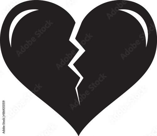 Broken black heart symbol with jagged crack in the middle also transparent background white