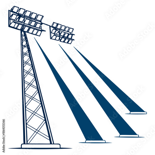 Iconic football stadium with dramatic floodlights and glowing rays – sports arena illustration.