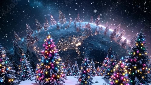 Fantasy Christmas Trees with Colorful Lights on Cosmic Space Background with Planets Galaxy Stars Universe Celebration
