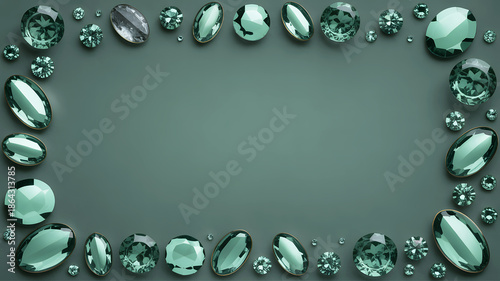 Luxury emerald gemstone frame on dark green background with copy space