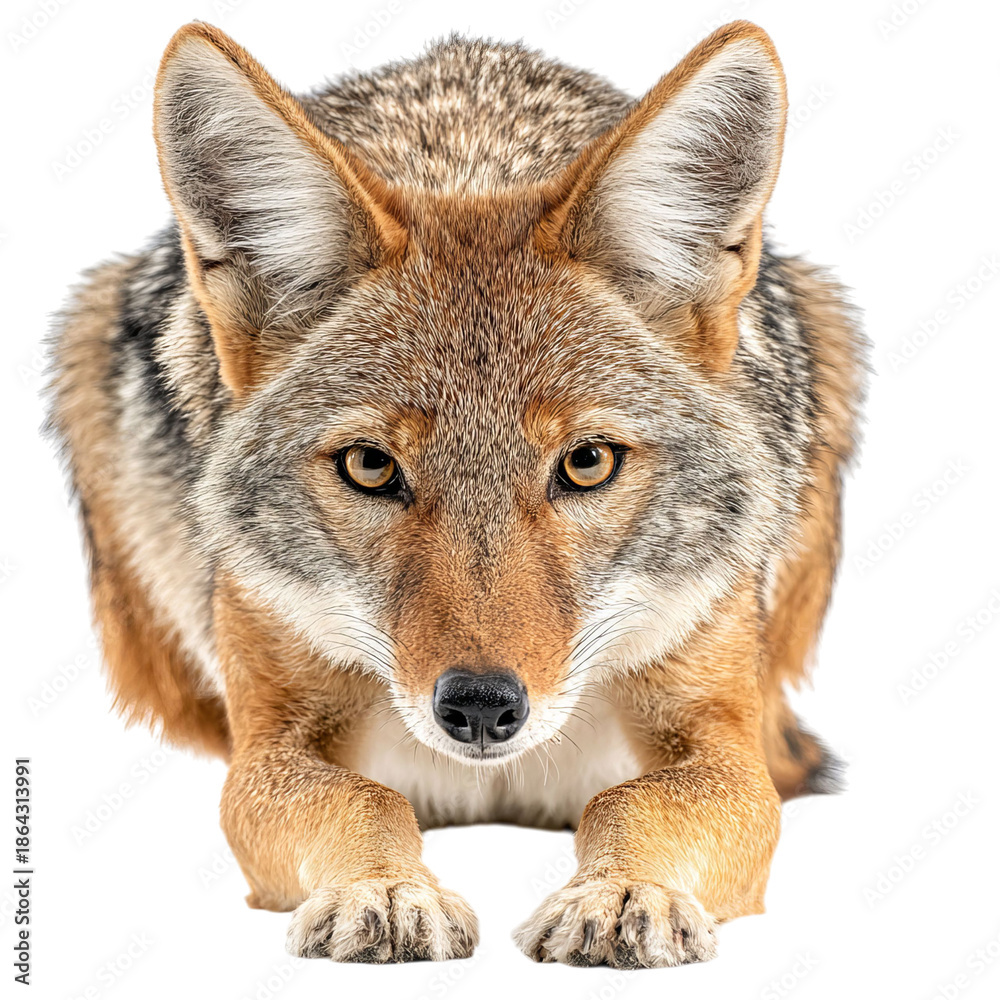 Fototapeta premium PNG of A focused gray coyote poised and ready, highlighting its keen predatory instincts.