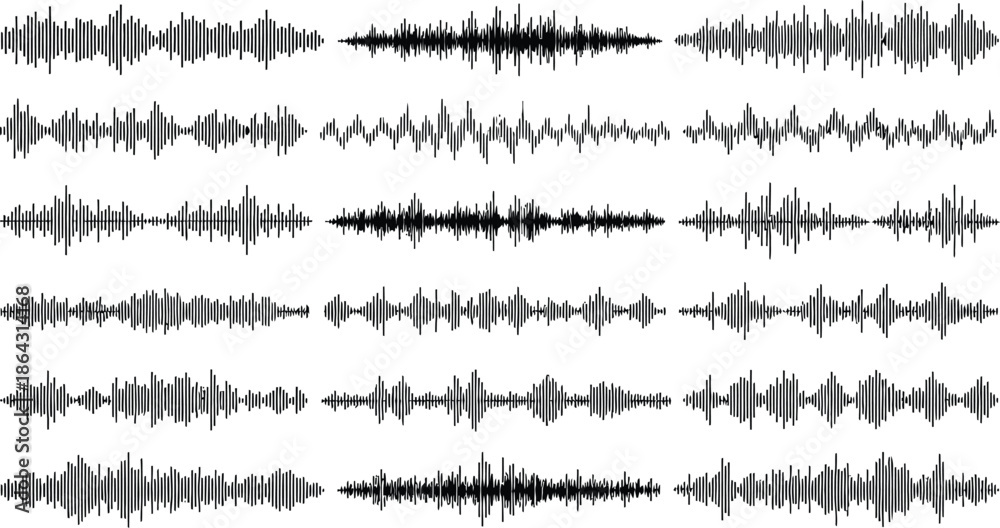 Fototapeta premium Black and white waveform patterns arranged in a grid layout