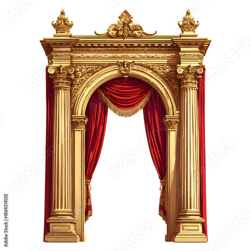 Golden archway with red curtains on black background for luxury event
