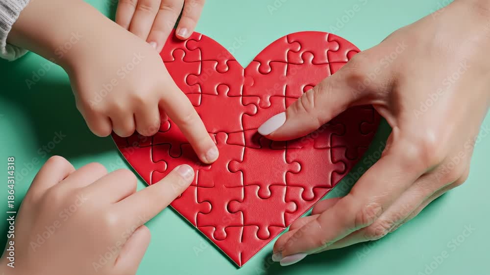 custom made wallpaper toronto digitalChild and adult hands assemble a red jigsaw heart on a teal tabletop under soft light, symbol of care, connection and healing, concept of mental health support