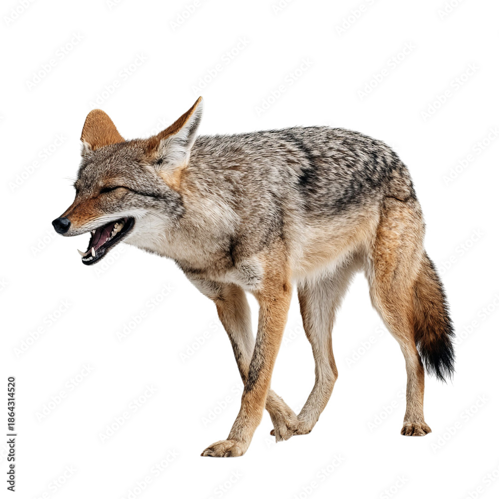 Fototapeta premium PNG of A fierce-looking coyote snarling while walking, showcasing its beautiful fur and sharp features.