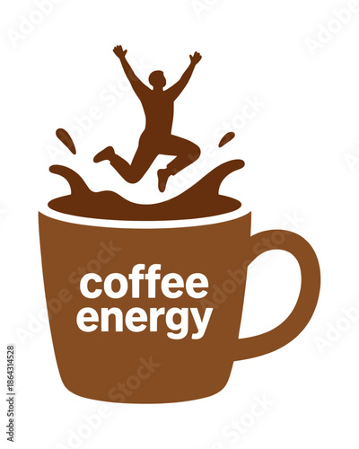 Excited figure jumping out of a coffee cup with the words coffee energy inside