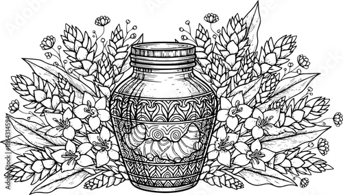Ornate engraved illustration of ginger root jar surrounded by flower
