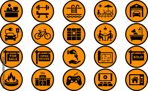 Building Amenities and Real Estate icon set. Contains symbols for Parking, Gym, Wi-Fi, Pet Friendly and Car Charging. Solid vector icons for apartment facilities and property management