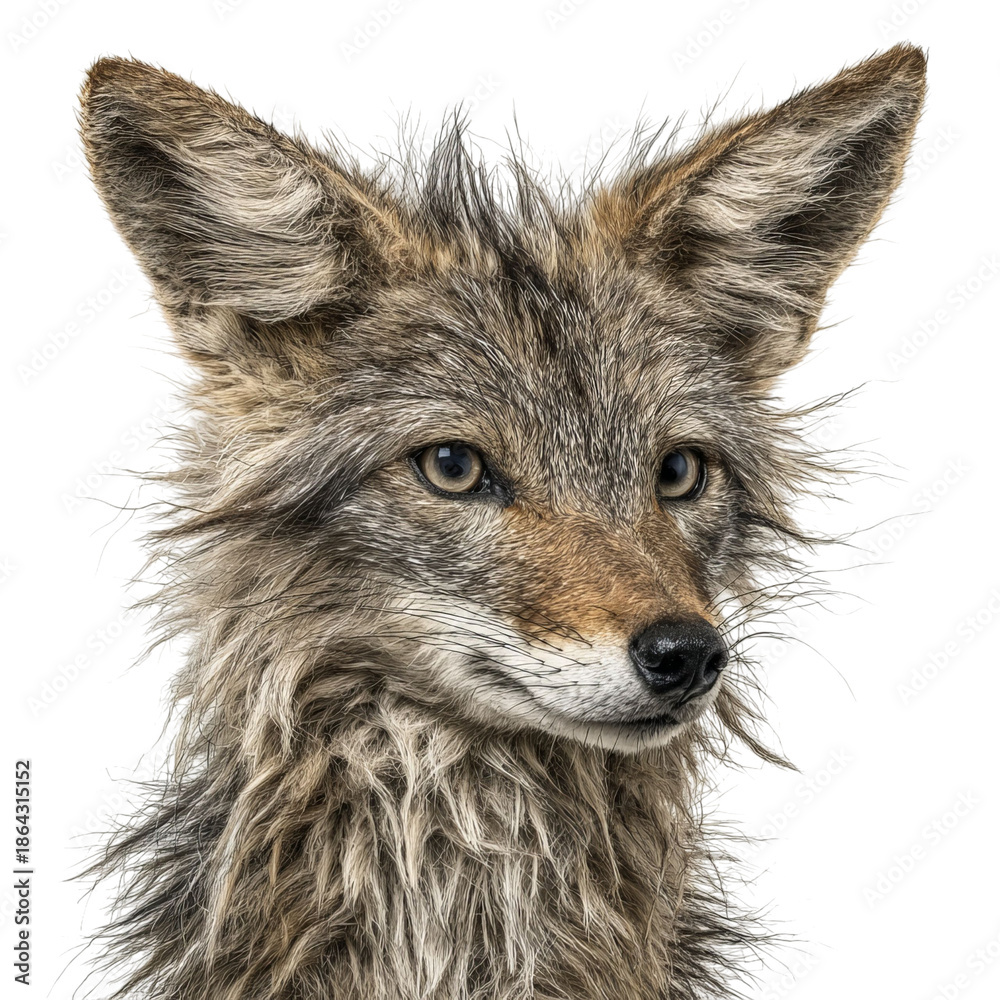 Obraz premium PNG of Detailed close-up of a coyote's face, showcasing its expressive eyes and textured fur.