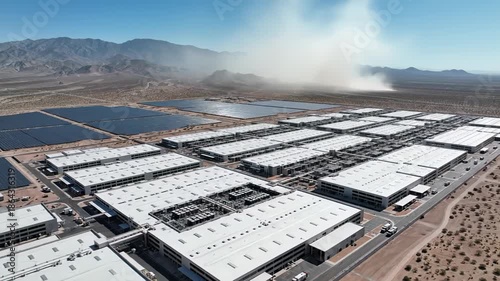 Aerial view of hyperscale data center with white roofs and rooftop hvac beside vast solar arrays in a dusty desert valley under heat haze, concept of green computing in arid climate