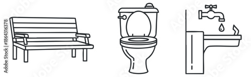 A collection of a simple bench, toilet, and sink in minimalist line art vector style, suitable for home improvement and interior design projects