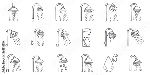 A collection of shower and water droplet icons in minimalist outline vector style, perfect for bathroom design and hygiene concepts