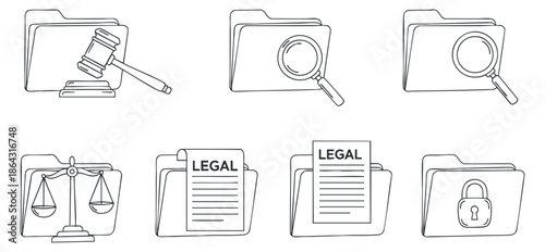 A set of legal icons including a gavel, magnifying glass, and secure files in minimalist outline vector style, ideal for law-related projects