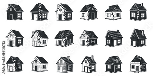 A collection of 16 vintage-style houses with various designs in black and white vector style, ideal for architectural illustrations