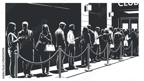 A crowd of people waiting in line outside a club in black and white vector style, ideal for nightlife and social event promotions