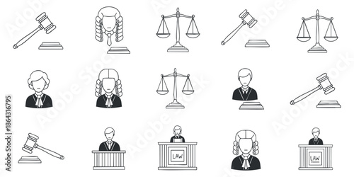 A collection of legal icons featuring judges, gavels, and scales in minimalist black and white vector style, suitable for law-themed designs