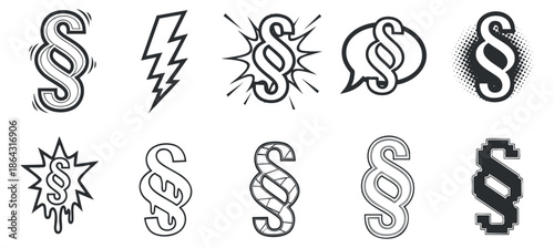 A collection of nine unique dollar sign icons in various styles, including outline and abstract designs, suitable for graphic design projects