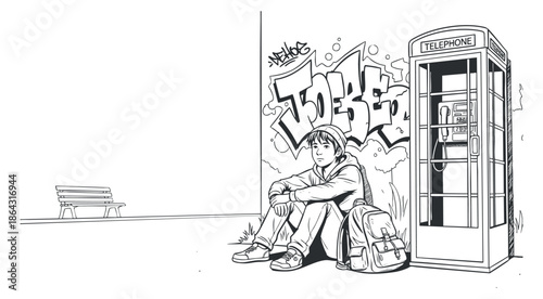 A young person sitting on a bench next to a telephone booth with graffiti reading 'Jobless' in a black and white vector style, reflecting urban youth culture and social issues