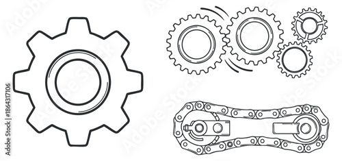 A collection of gears and mechanical components in black and white outline vector style, suitable for engineering and technology designs