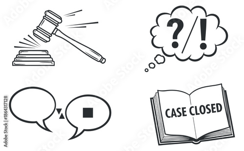Set of legal and justice concept icons in black and white outline style. Vector illustration including judge gavel, thought bubble with question mark, speech bubbles, and case closed book isolated.