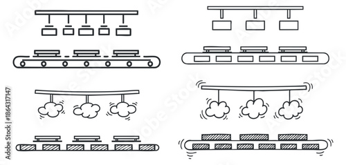 A set of conveyor belt systems in black and white outline vector style, suitable for industrial and logistics illustrations