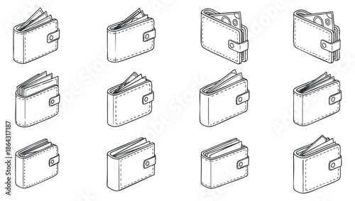 A collection of wallet illustrations in clean outline vector style, suitable for finance and shopping graphics
