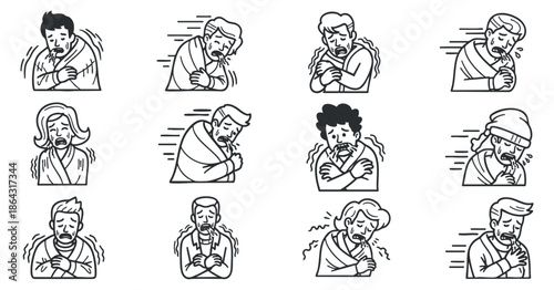 A collection of characters expressing coldness with shivering and sad expressions in black and white outline vector style, suitable for emotive design projects