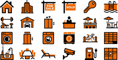 Building Amenities and Real Estate icon set. Contains symbols for Parking, Gym, Wi-Fi, Pet Friendly and Car Charging. Solid vector icons for apartment facilities and property management
