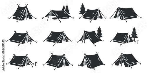 A set of camping tents in black and white minimalist vector style, perfect for outdoor adventure themes