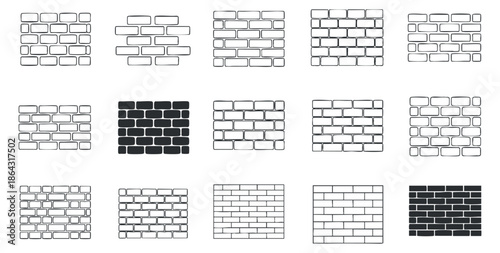 A set of brick wall patterns in black and white outline vector style, suitable for architectural design and backgrounds