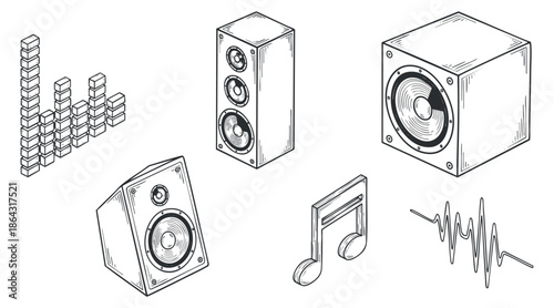 A collection of various audio speakers, sound waves, and music notes in clean outline vector style, suitable for music-related projects
