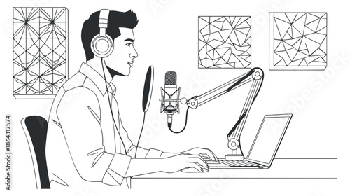 A man in headphones recording a podcast in a minimalist line art vector style, perfect for audio-related projects