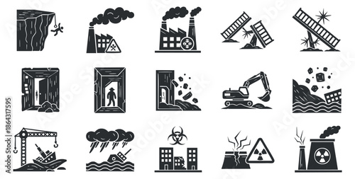 A collection of disaster and hazard icons in black and white minimalist vector style, suitable for environmental safety and awareness projects