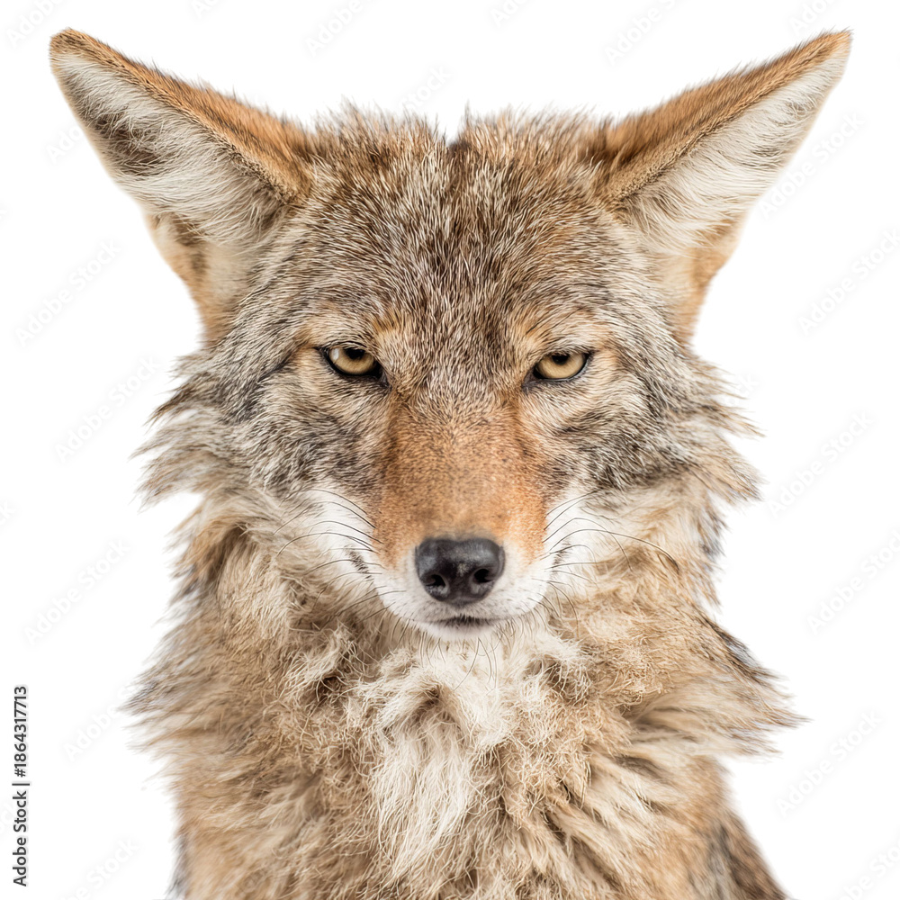 Obraz premium PNG of A close-up of a fierce-looking coyote with intense golden eyes, showcasing its dense fur.