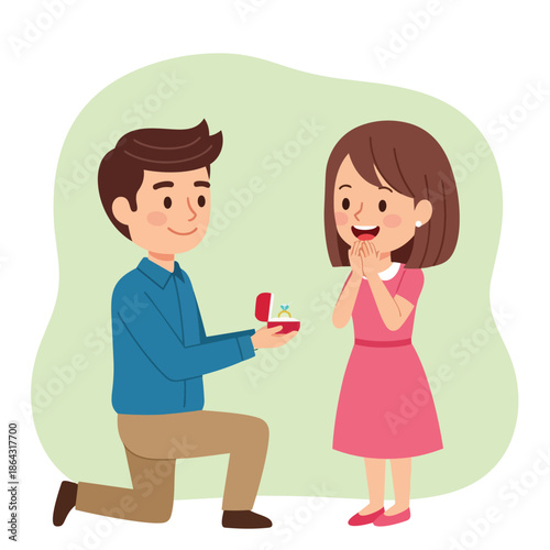 Colorful vector art of man kneeling and proposing with engagement ring to smiling woman in pink dress with green background
