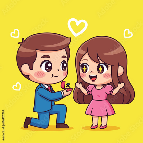 Cute vector art of man kneeling with engagement ring proposing to excited woman in pink dress with yellow background