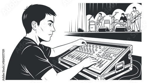 A sound engineer adjusting audio levels at a live concert in black and white vector style, ideal for music industry graphics