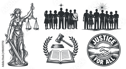 A collection of justice-themed icons including Lady Justice, a gavel, scales, and community figures in black and white vector style, ideal for legal and advocacy projects
