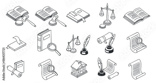 A collection of legal icons including books, scales, gavel, and documents in clean outline vector style, suitable for law-related projects