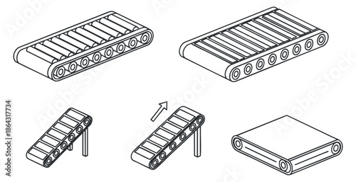A set of conveyor belt illustrations in black and white outline vector style, suitable for industrial and engineering design projects