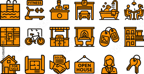 Building Amenities and Real Estate icon set. Contains symbols for Parking, Gym, Wi-Fi, Pet Friendly and Car Charging. Solid vector icons for apartment facilities and property management