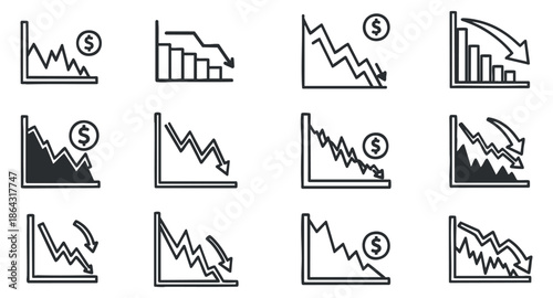 A collection of financial decline graphs and charts in black and white outline vector style, suitable for financial reports and presentations