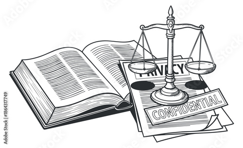 A legal scale balanced on a confidential document next to an open law book in an outline vector style, suitable for legal services branding