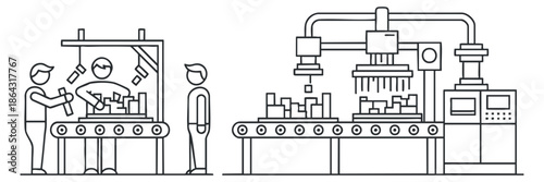 An illustration of factory workers operating machinery in a minimal outline vector style, suitable for industrial design and business concepts