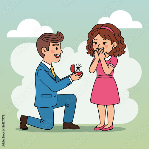 Colorful vector art of man in blue suit kneeling proposing with ring box to surprised woman in pink dress outdoors