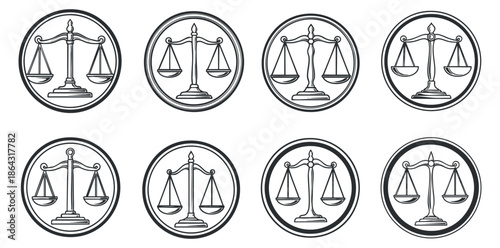 A set of scales of justice in black and white outline vector style, ideal for legal and law-related designs