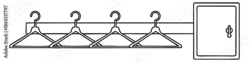 A set of clothing hangers hanging on a rod with a storage cabinet in minimalist line art vector style, suitable for interior design projects