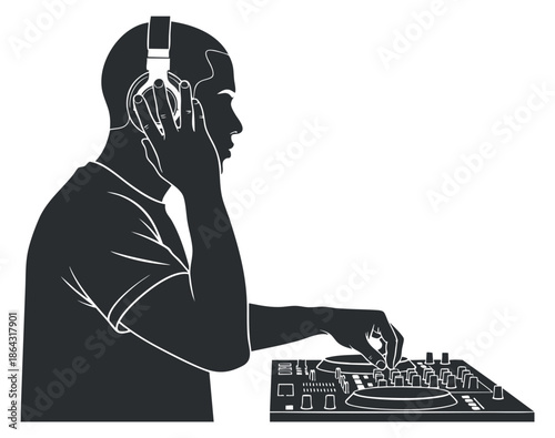 A silhouette of a DJ wearing headphones and mixing music on a turntable in a black and white minimalist vector style, ideal for music-related projects