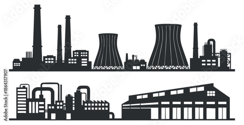 A collection of industrial factory silhouettes featuring smokestacks, cooling towers, and manufacturing buildings in black and white vector style, suitable for energy and infrastructure projects