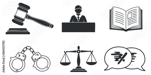 A collection of legal icons including a gavel, handcuffs, scales of justice, a judge, and a legal book in black and white vector style, suitable for law-related projects